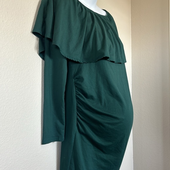 Pinkblush Emerald Green Ruffle Off The Shoulder Long Sleeve Maternity Mini Dress - Picture 7 of 10